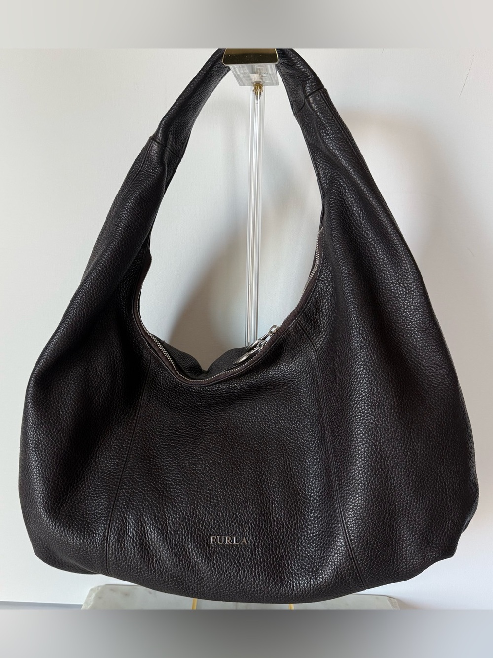 Furla Dark Brown Pebbled Leather Shoulder Bag
